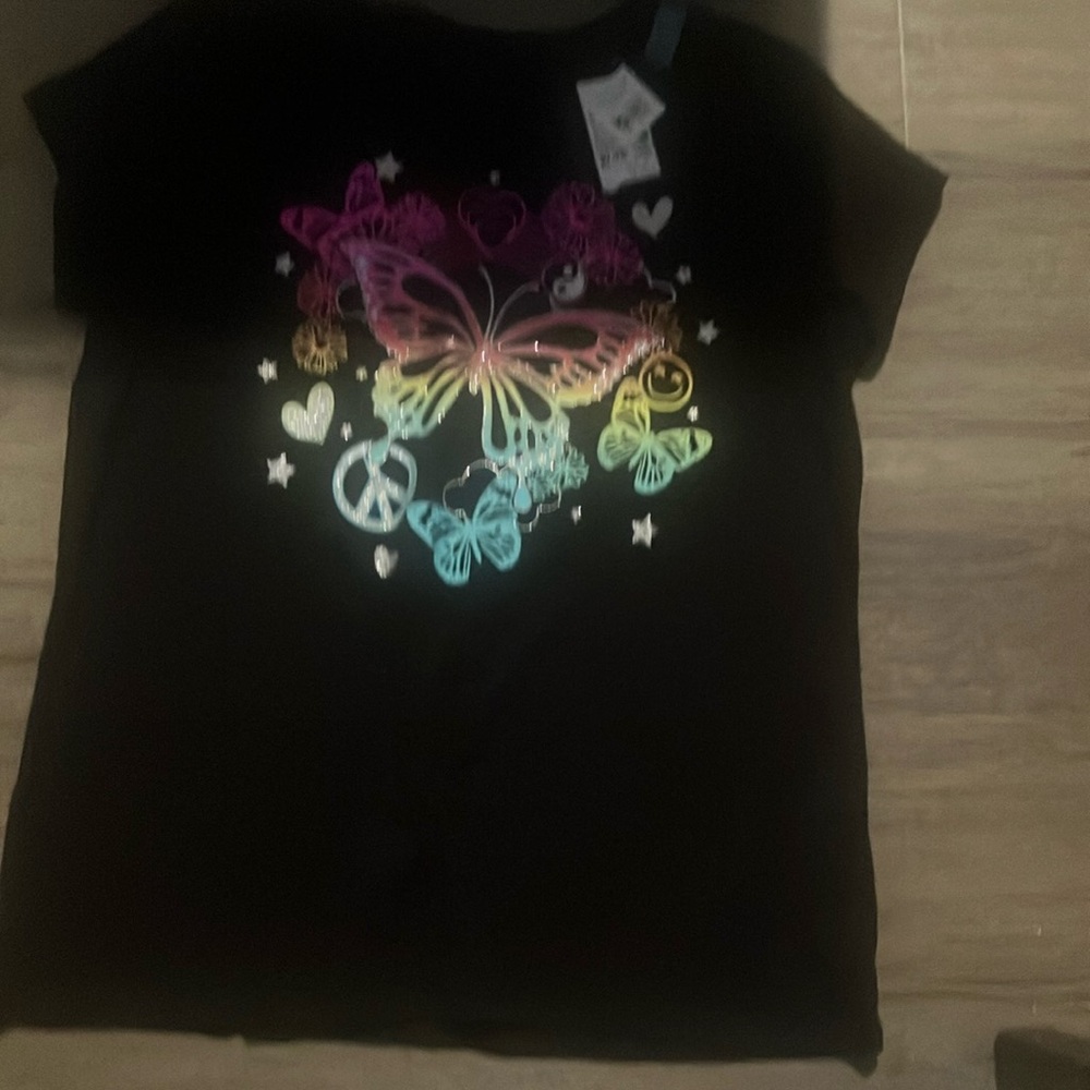 Place Black Tee with Vibrant Butterfly and Peace Design